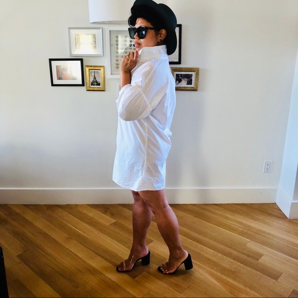 White Button Down Shirt Dress w Floral Embroidery - Picture 4 of 6